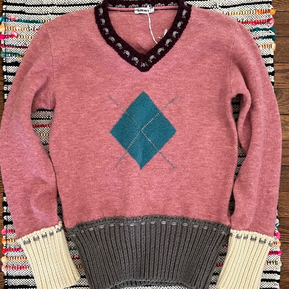y2k Sweater M Pink Blue Argyle Pastel Preppy Quirky Academia Twee - Picture 9 of 16